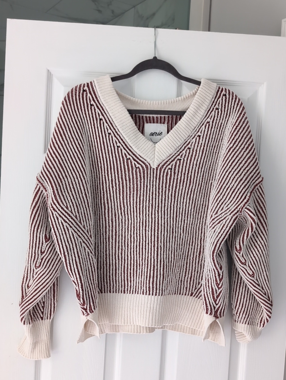 aerie Cream and Burgundy Striped V-Neck Sweater